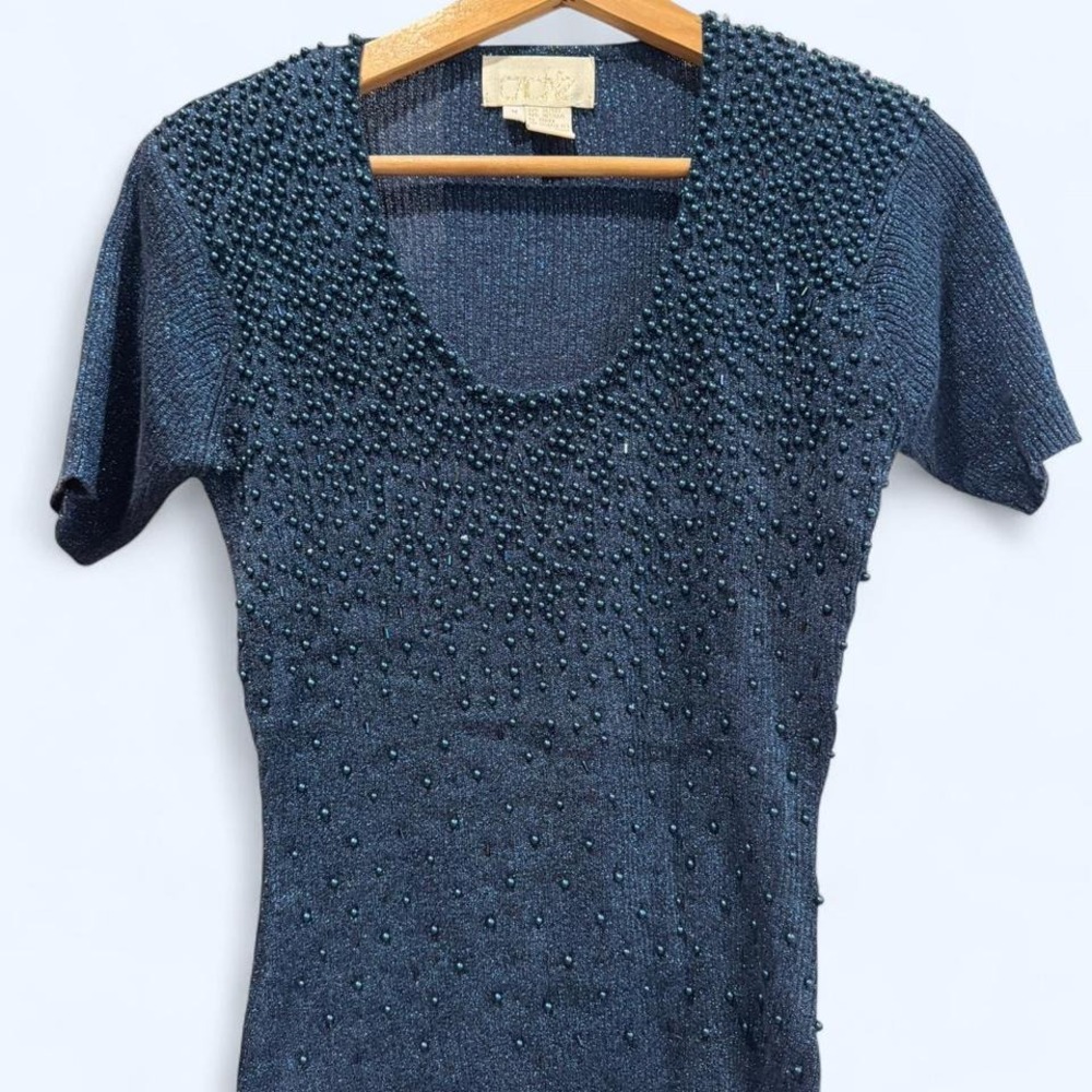 Cache Blue Beaded Swoop Top